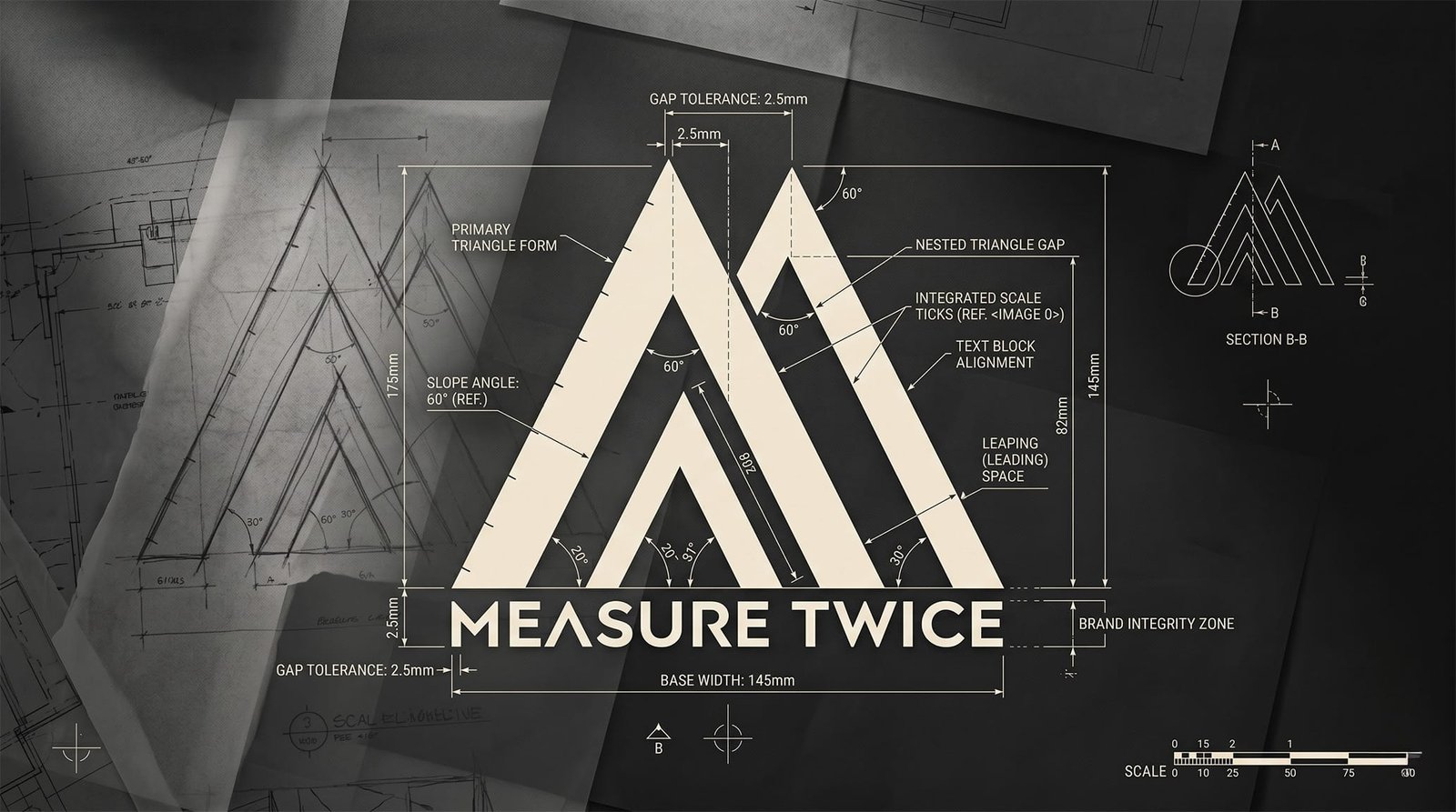 A minimalist brand identity architecture presentation for Measure Twice Precision Home Builders, showcasing a clean, sophisticated layout with structural grid lines, architectural typography, and a cinematic dark charcoal color scheme.