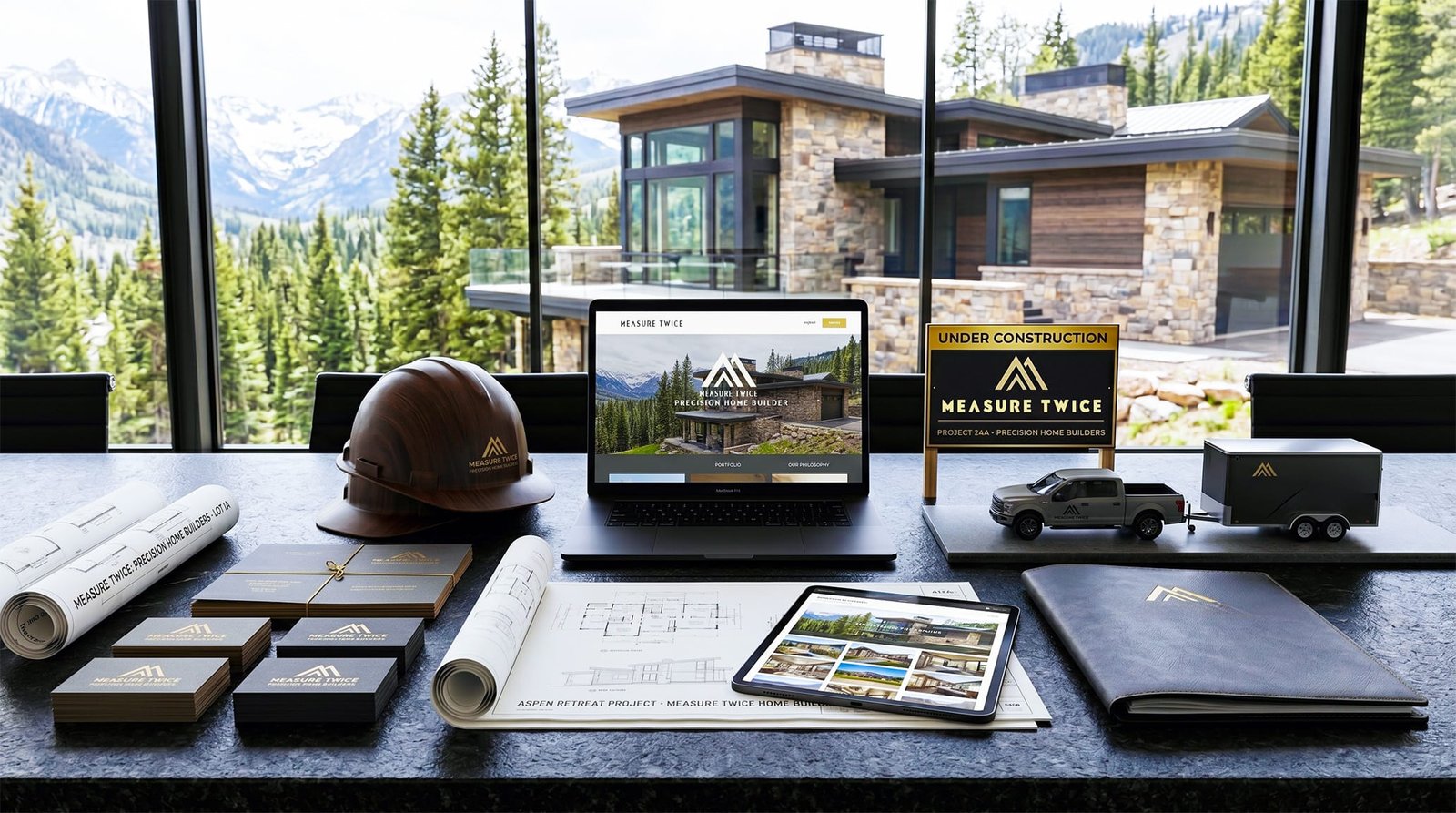 A high-end editorial desk presentation for Measure Twice Precision Home Builders, featuring multiple corporate identity assets—including custom business cards with painted edges, architectural notebooks, and dual desktop monitors displaying minimalist dark charcoal layouts—arranged on a premium concrete texture background.