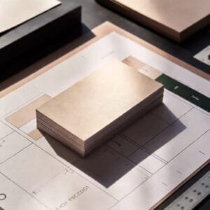 Close-up view of a premium taupe tan Soft Touch business card for a creative studio layout, showcasing elegant suede texture.