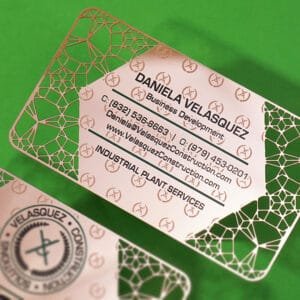 2 sided shiny finish rose gold metal business card, front and back sides, printed with 2 spot colors and a custom cutout pattern